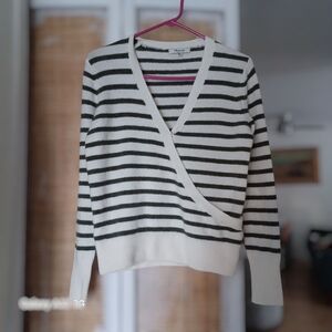 Madewell Khaki and White Striped Knit Mock Wrap Wool Blend Sweater.